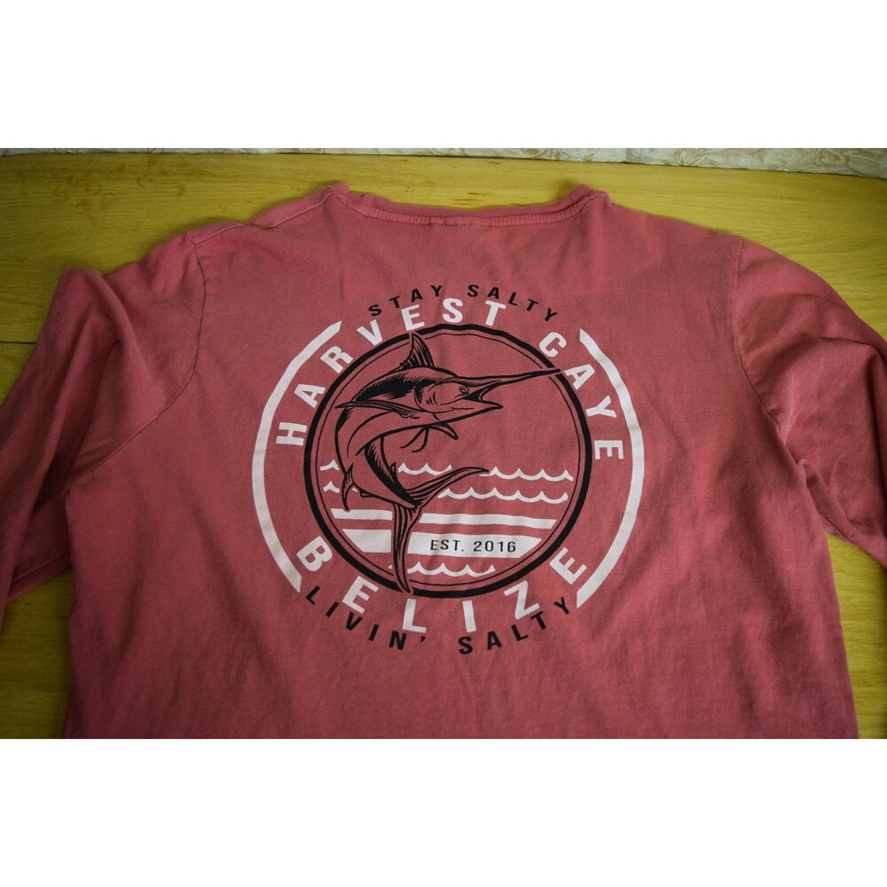 Mens Medium Harvest Caye Belize Stay Salty Red Long Sleeve Vintage Look Shirt - Picture 1 of 6